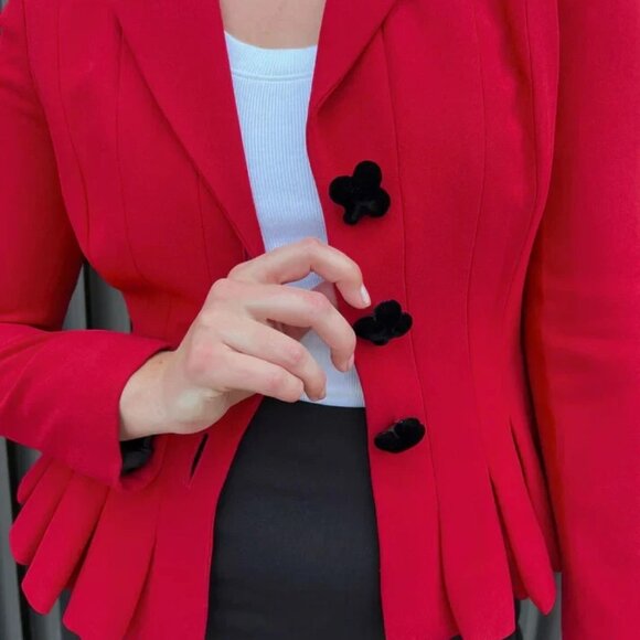 Moschino Red Peplum Black Velvet Trim Ace Spade Jacket 8 ALICE WONDERLAND BLAZER - Picture 11 of 15